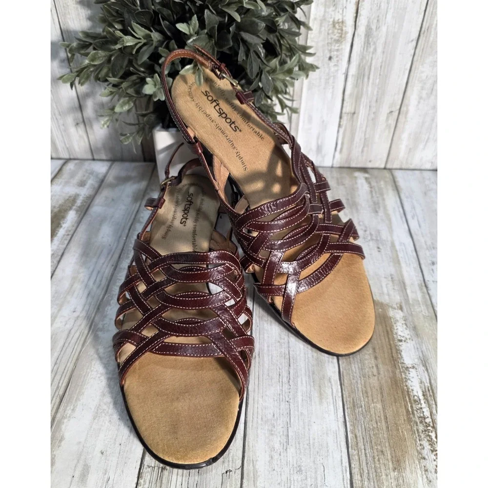Softspots Womens Burgundy Brown Leather Strappy Wedge Slingback Sandals Size 9M